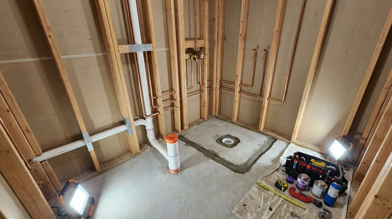 Bathroom rough-in plumbing during remodel by Johns Plumbing LLC in Cantonment