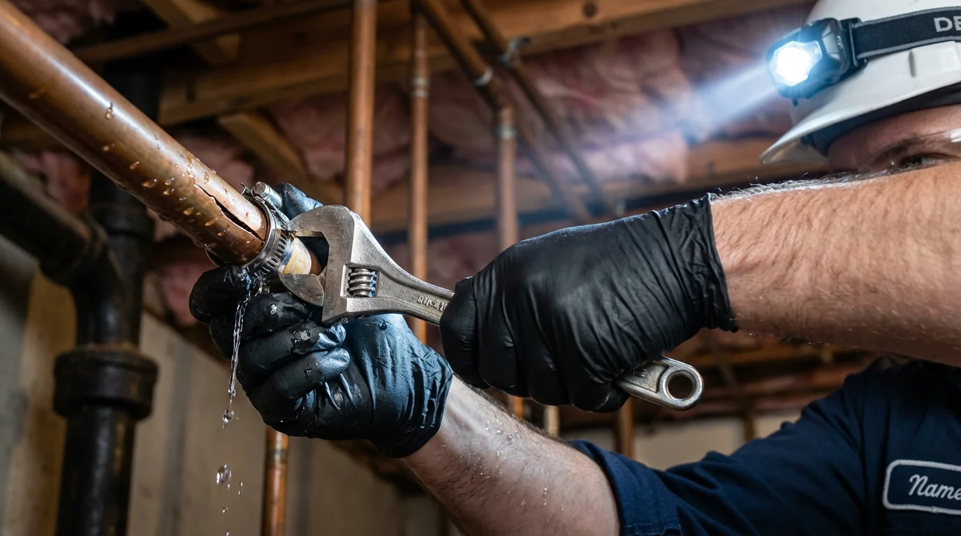 Emergency pipe clamp repair being performed by a Johns Plumbing LLC plumber in Cantonment