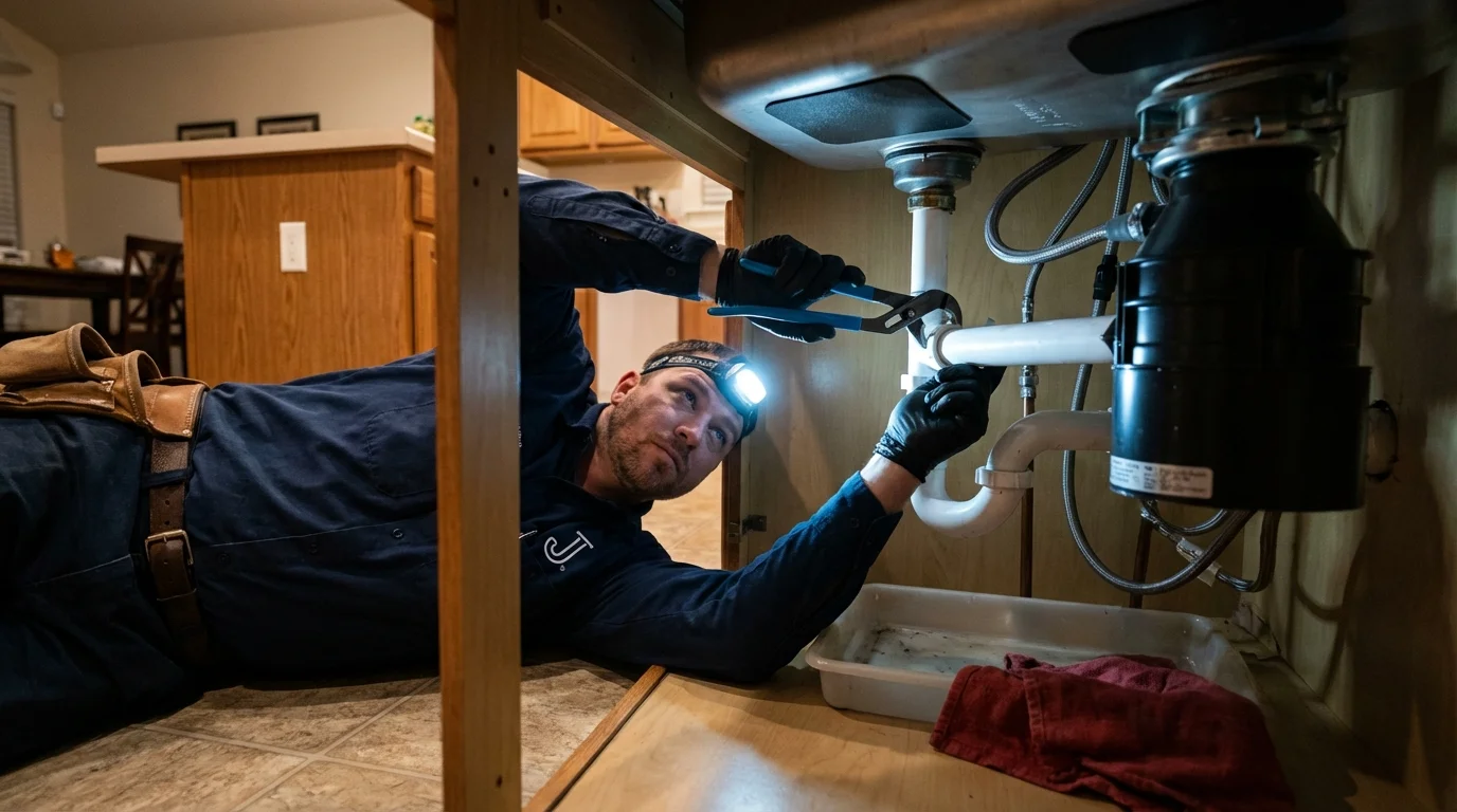 P-trap and supply line connections under a kitchen sink showing a common leak point in Cantonment, FL
